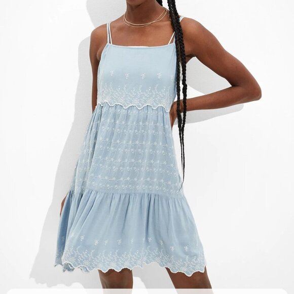 American Eagle Sleeveless Embroidered Dress Tiered Summer Blue Dress size XS - Picture 1 of 6